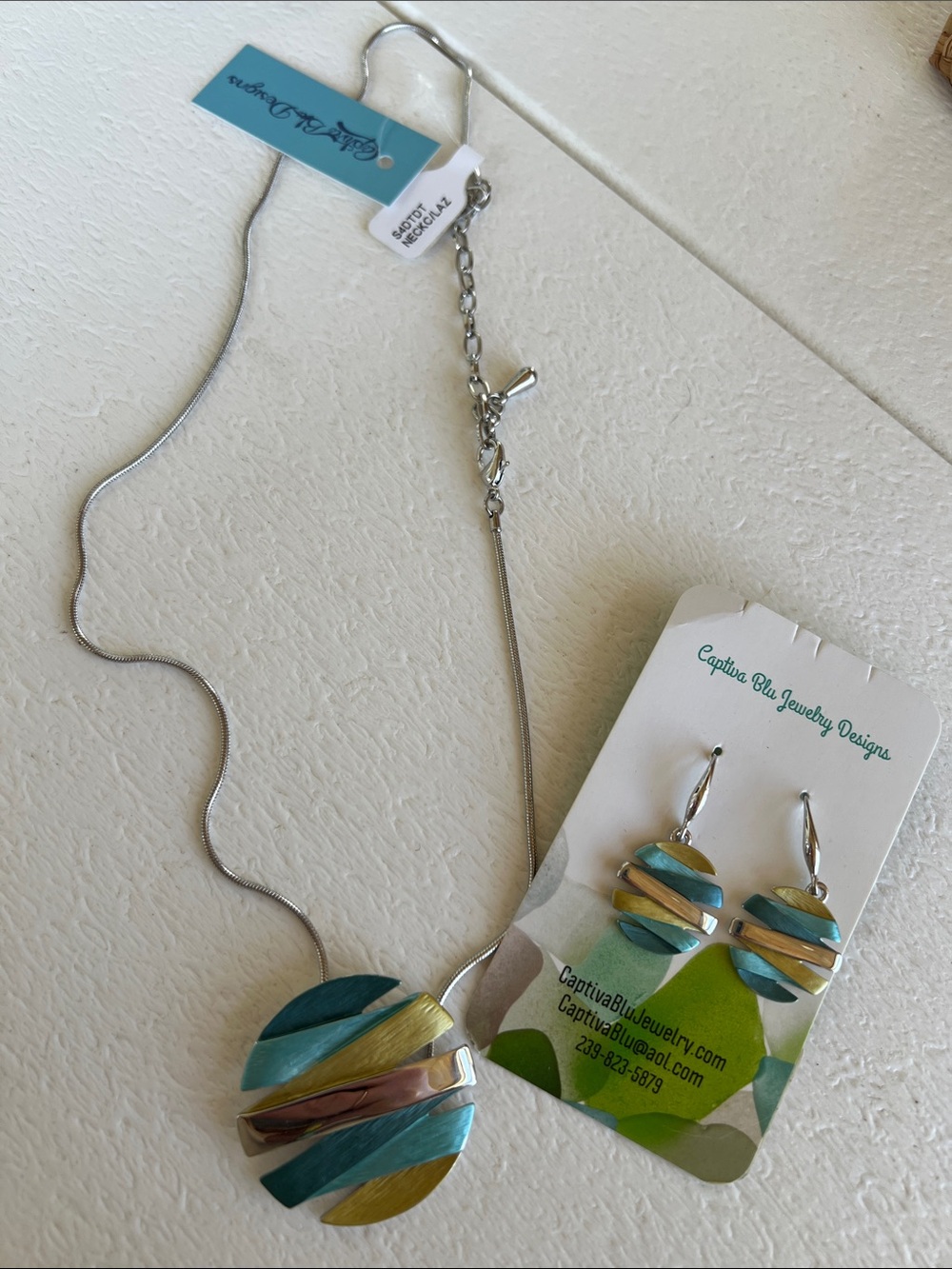 Teal, Silver & Sage  Layered Pendant Necklace and Earring Set